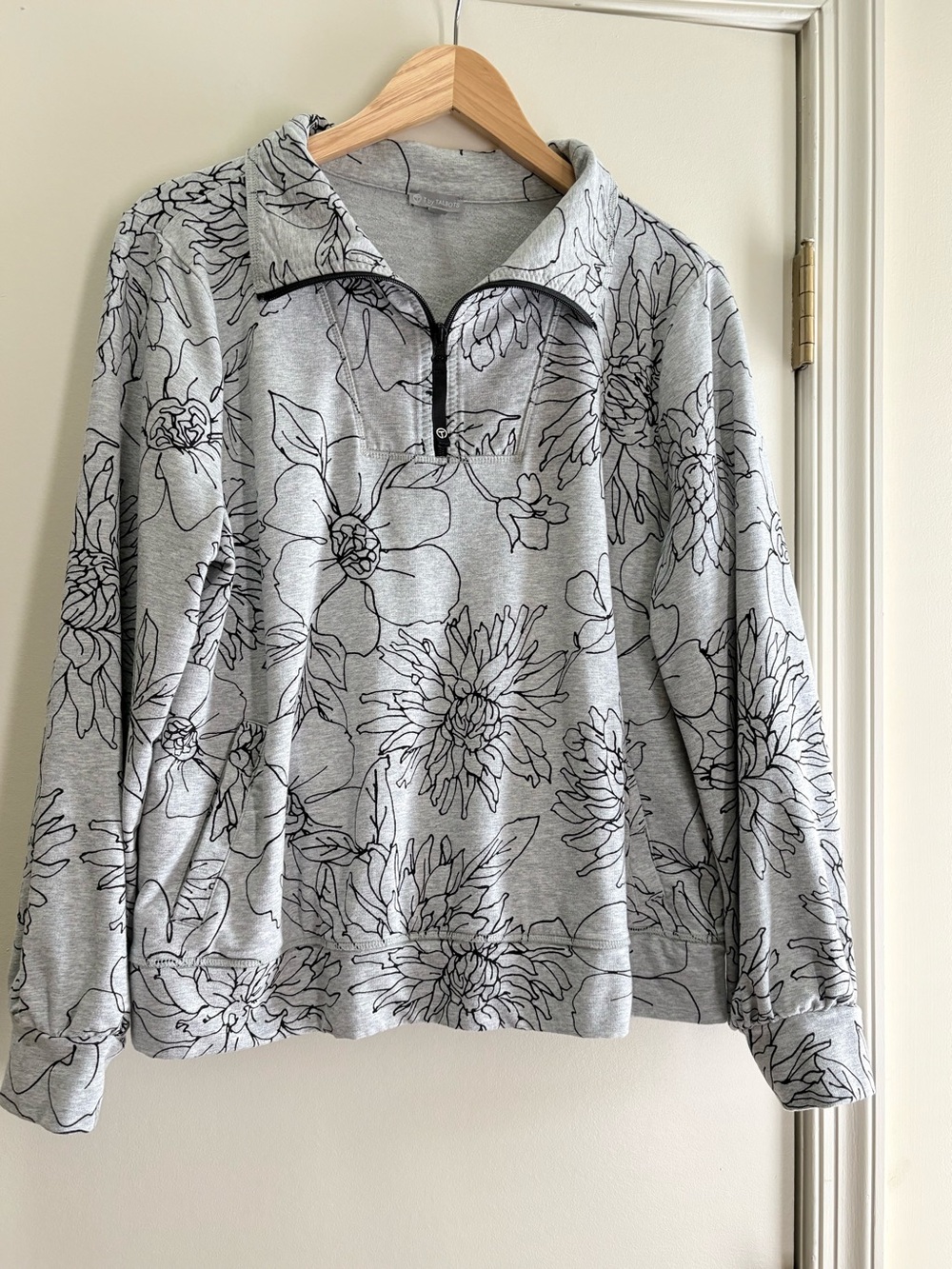 T by Talbots Gray Floral Half-Zip Pullover